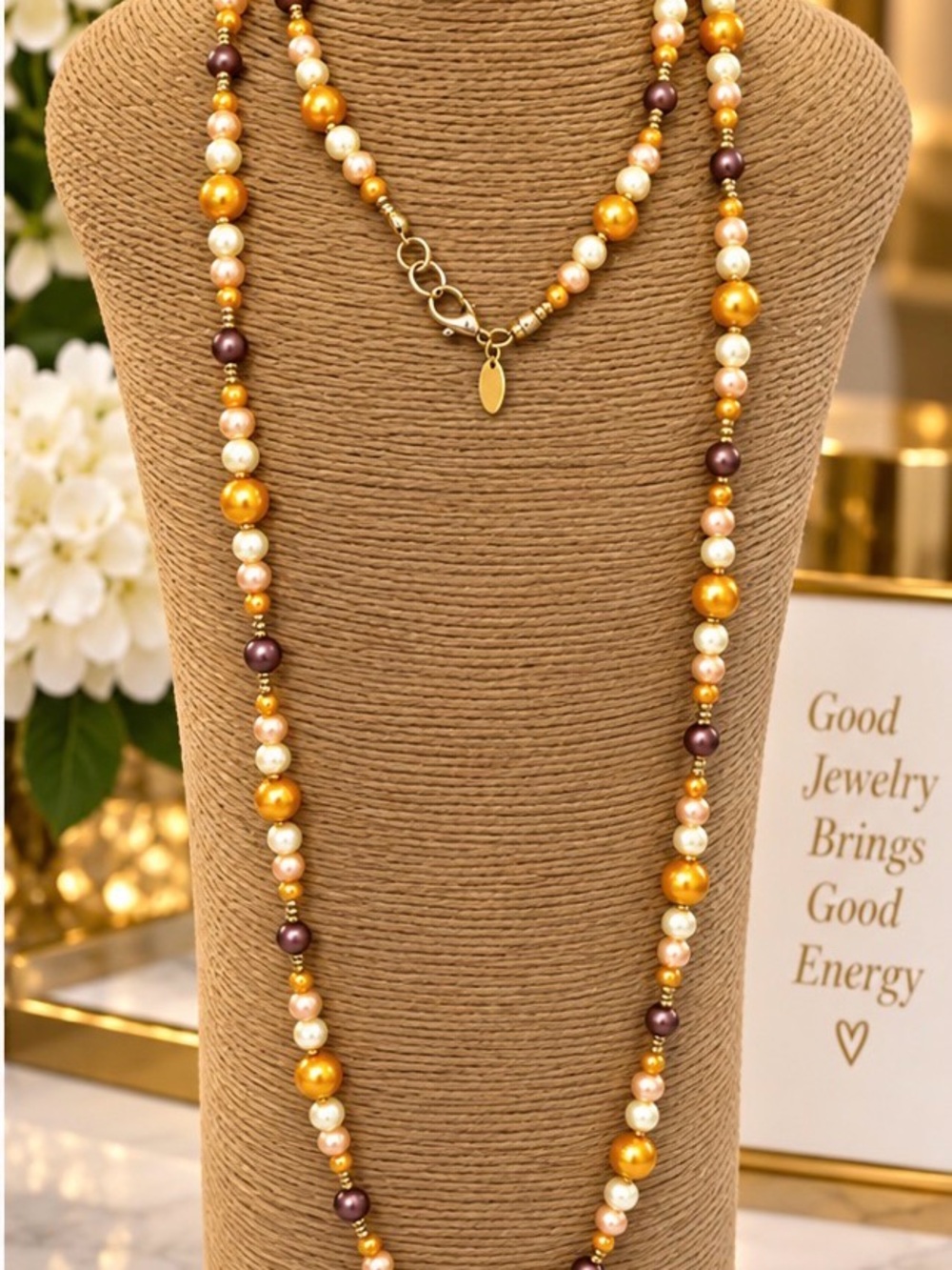 Fresh water pearl Gold, Cream & Purple Pearl Beaded Long Necklace